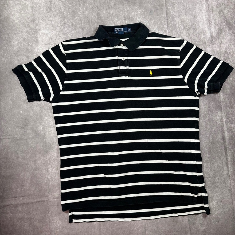 Vintage Polo Ralph Lauren Striped Polo Shirt Men XL Black White Pique 90s Rugby
